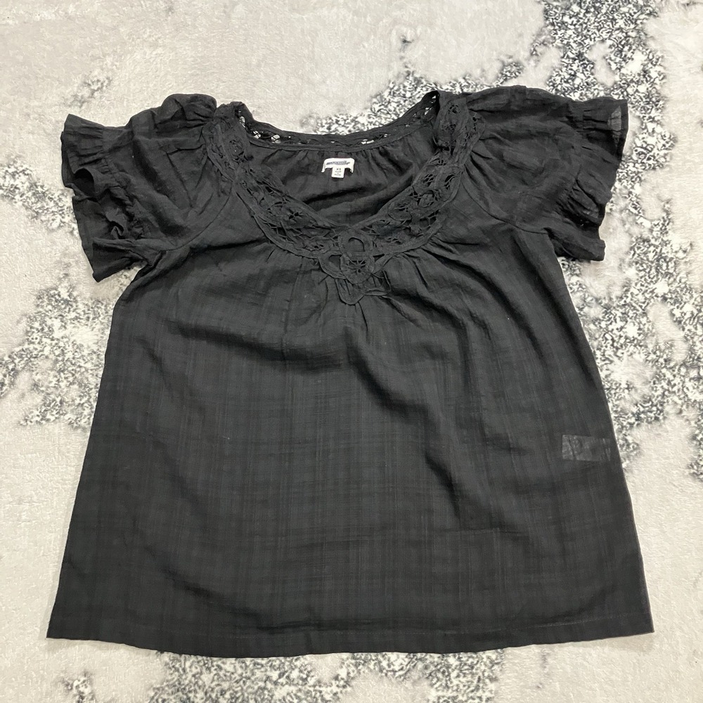Max Studio‎ Black Crochet Lace Neck Blouse Short Sleeve Boho Top Womens Sz XS